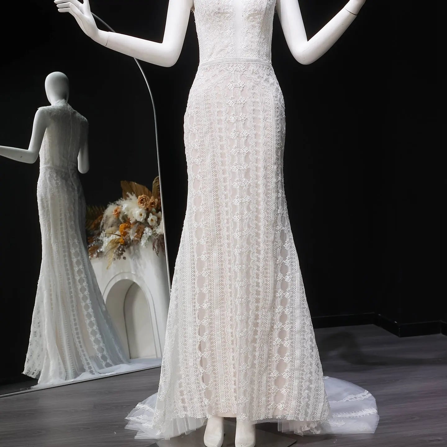 Elegant Ivory High Neck Sheer Lace Long Sleeves Mermaid Wedding Dress with Veil SW662