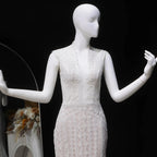 Elegant Ivory High Neck Sheer Lace Long Sleeves Mermaid Wedding Dress with Veil SW662