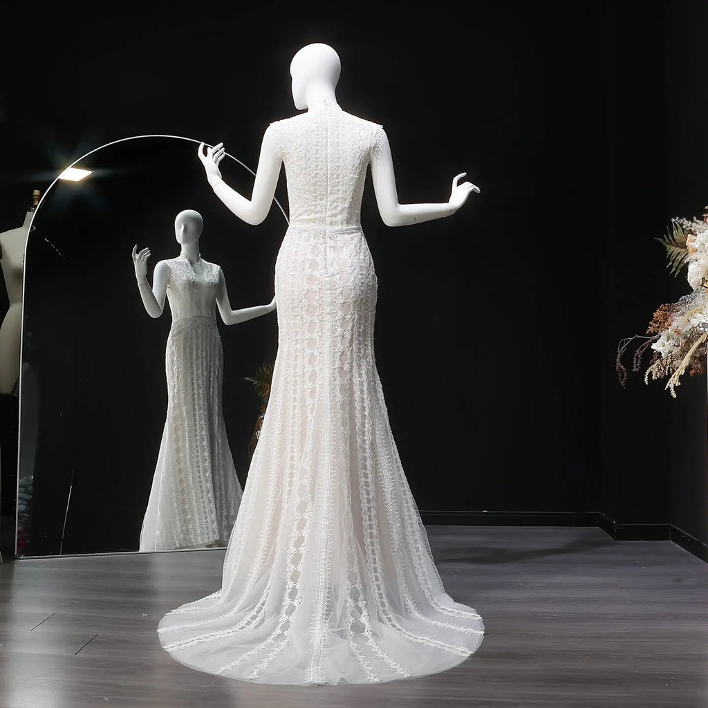 Elegant Ivory High Neck Sheer Lace Long Sleeves Mermaid Wedding Dress with Veil SW662