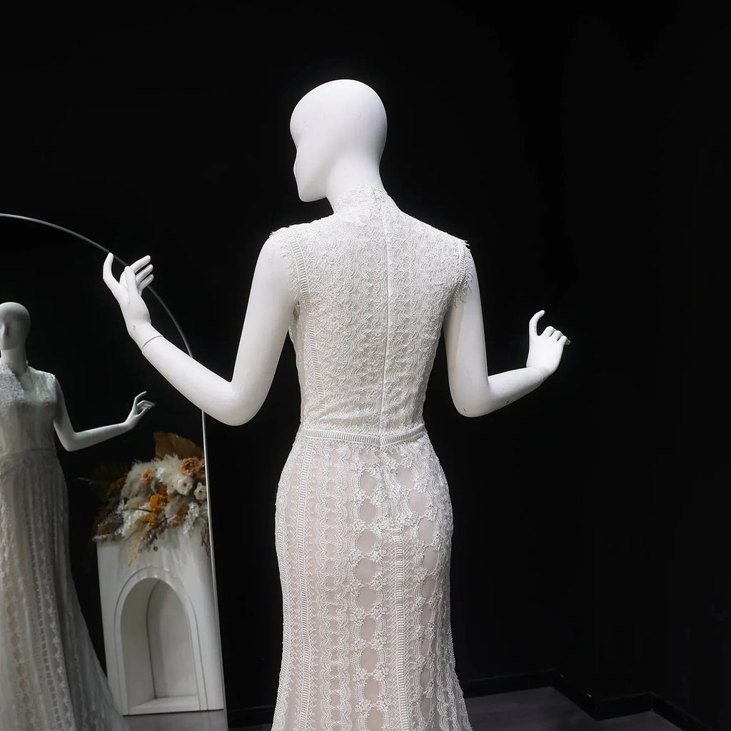 Elegant Ivory High Neck Sheer Lace Long Sleeves Mermaid Wedding Dress with Veil SW662