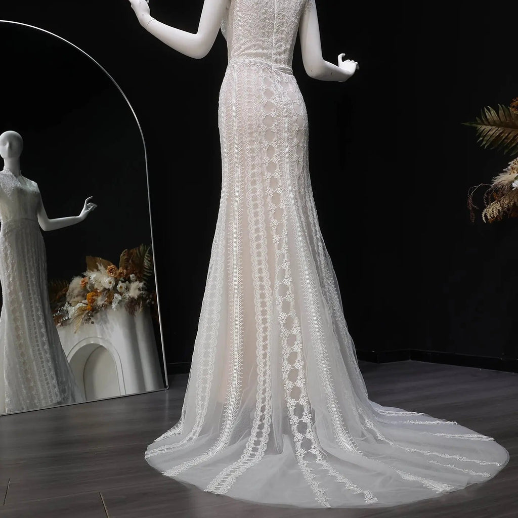 Elegant Ivory High Neck Sheer Lace Long Sleeves Mermaid Wedding Dress with Veil SW662