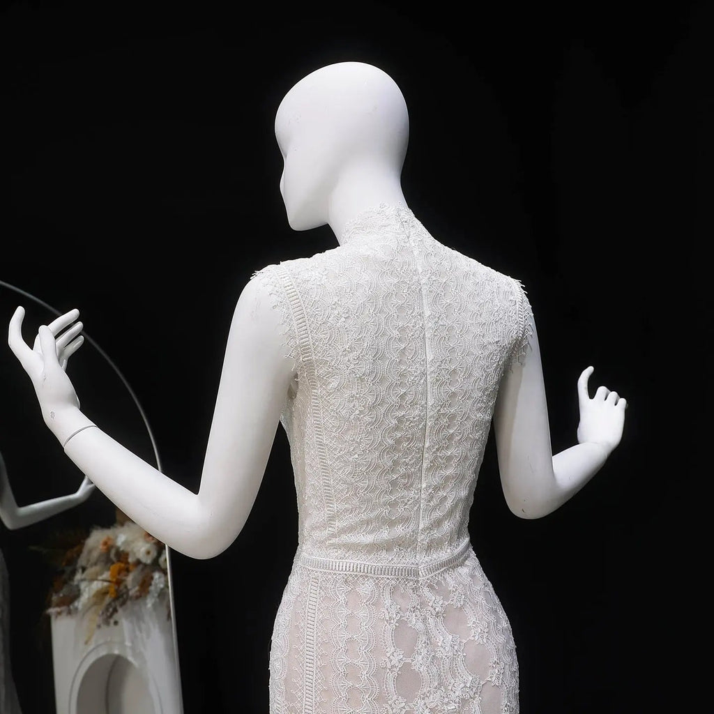 Elegant Ivory High Neck Sheer Lace Long Sleeves Mermaid Wedding Dress with Veil SW662