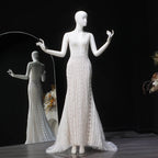Elegant Ivory High Neck Sheer Lace Long Sleeves Mermaid Wedding Dress with Veil SW662