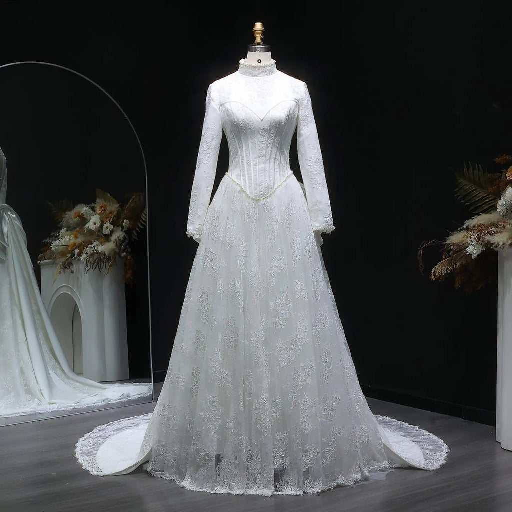 Luxury Pearl Long Sleeve Lace Wedding Dress SW514