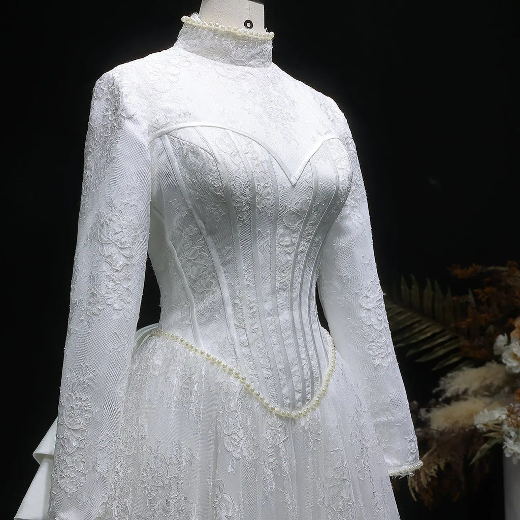 Luxury Pearl Long Sleeve Lace Wedding Dress SW514