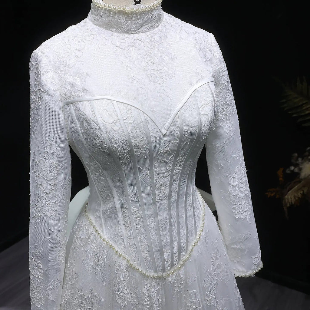 Luxury Pearl Long Sleeve Lace Wedding Dress SW514