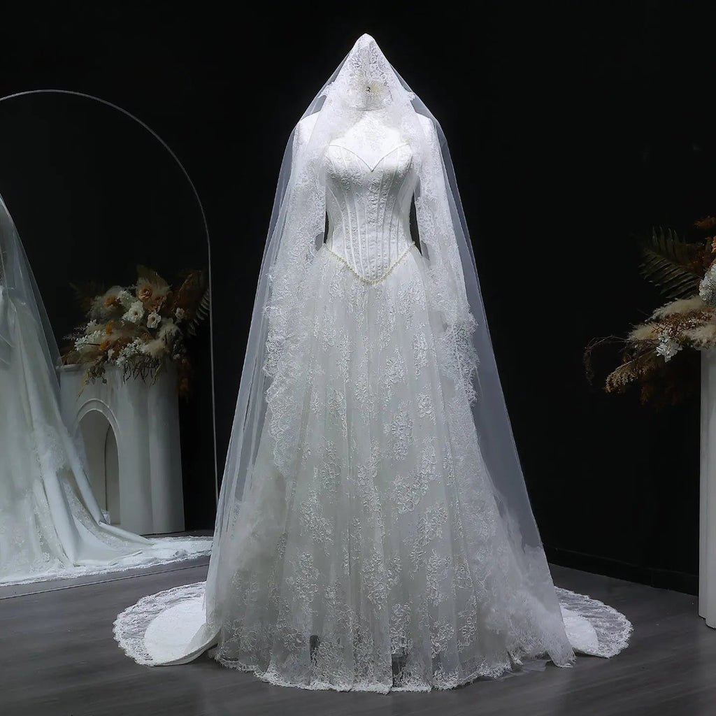 Luxury Pearl Long Sleeve Lace Wedding Dress SW514