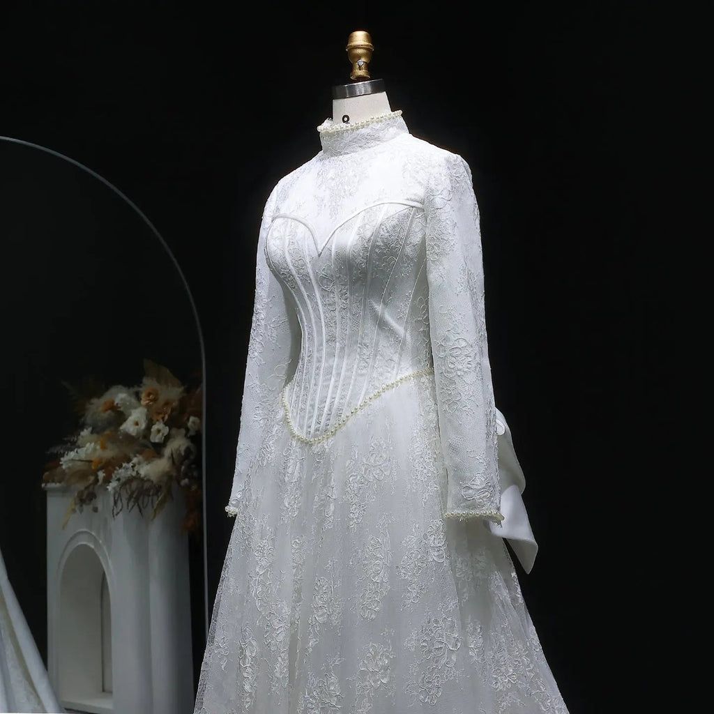 Luxury Pearl Long Sleeve Lace Wedding Dress SW514