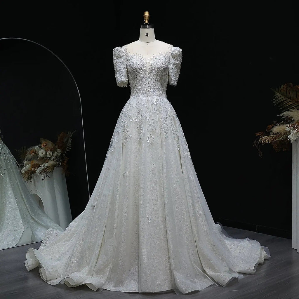 Luxury Beaded Puffy Lace Off Shoulder Wedding Dress SW038