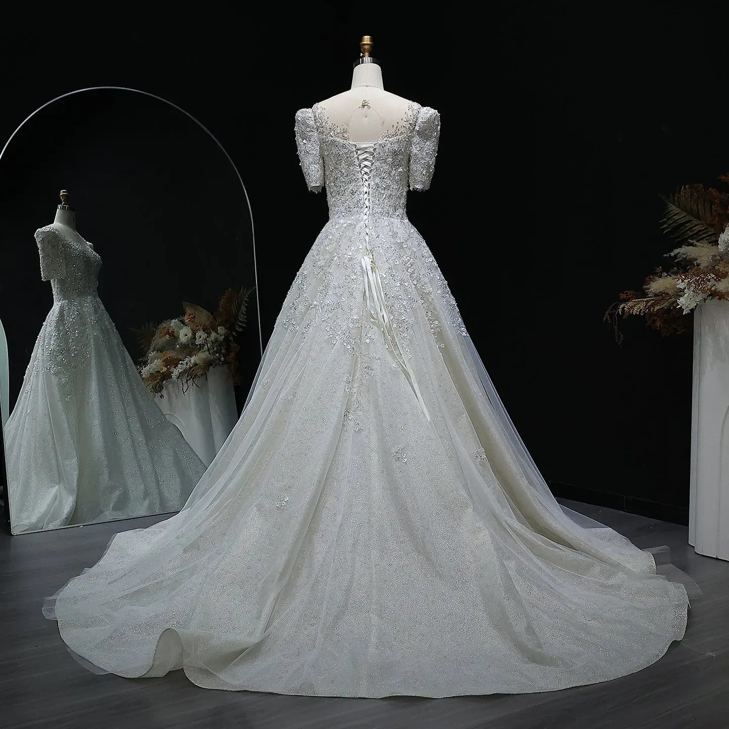 Luxury Beaded Puffy Lace Off Shoulder Wedding Dress SW038