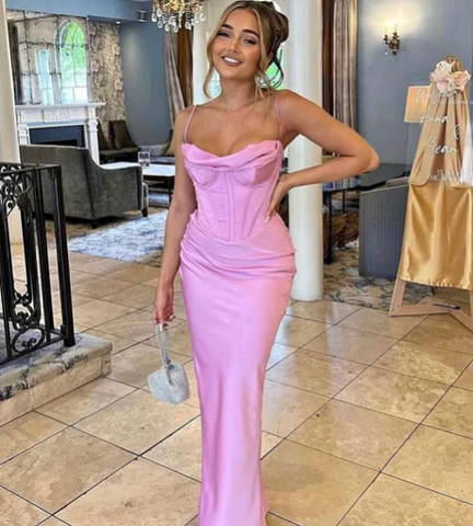 Simple Spaghetti Straps Lavender Satin Evening Dress Sheath Party Prom Dress Y8094