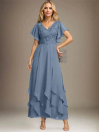 A-line V-Neck Ankle-Length Lace Chiffon Mother of the Bride Dress With Cascading Ruffles by Dreamylily