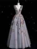 Charming V Neckline Gray Tulle Floral Ball Gown Long Evening Gown Prom Dress Y7953 by simplepromdress