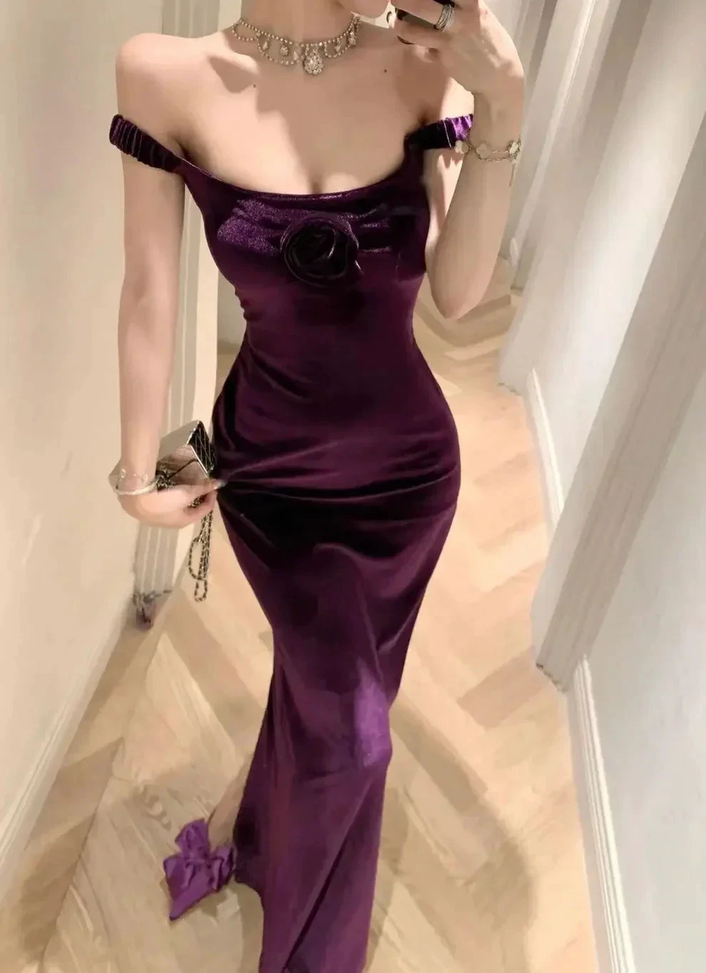Elegant Velvet Long Sheath Prom Dress Purple Off Shoulder Slit Party Evening Gown Y8131 by simplepromdress