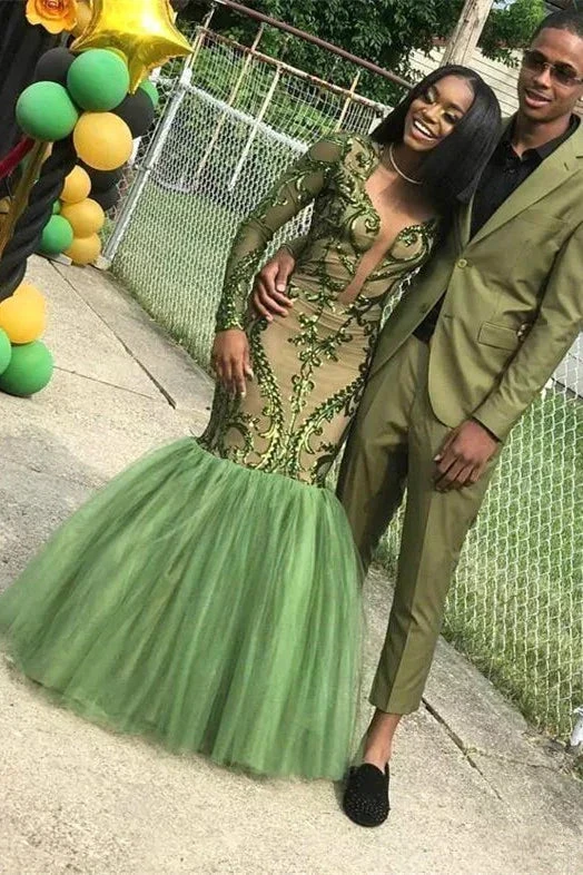 Green Sequins Prom Dresses,Sexy Mermaid Long-Sleeves Evening Gowns Y1456 by simplepromdress