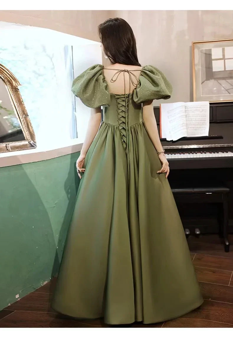 Green Evening Dress Temperament Long Bubble Sleeve Princess Dress Y4315 by simplepromdress