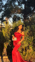 Elegant Off The Shoulder Mermaid Evening Dress Red Satin Prom Dress Y8221 by simplepromdress