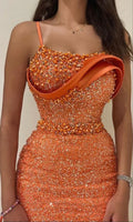 Orange Evening Dress Spaghetti Strap Pearls Beaded Sequin Lace Straight Dresses Y6648 by simplepromdress