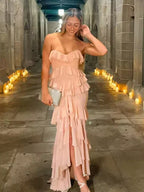 Charming Pink Chiffon Ruffles Tiered Evening Dress Slit Mermaid Prom Party Dress Y8006 by simplepromdress