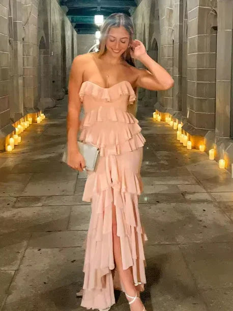 Charming Pink Chiffon Ruffles Tiered Evening Dress Slit Mermaid Prom Party Dress Y8006 by simplepromdress