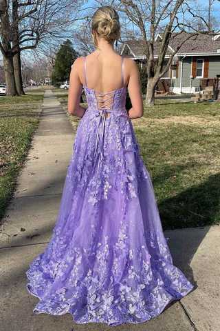 Hübsches lavendelfarbenes A-Linien-Ballkleid mit Spaghettiträgern und 3D-Spitze und floralem Muster, langes Ballkleid, A-Linie, Abendkleid Y7935