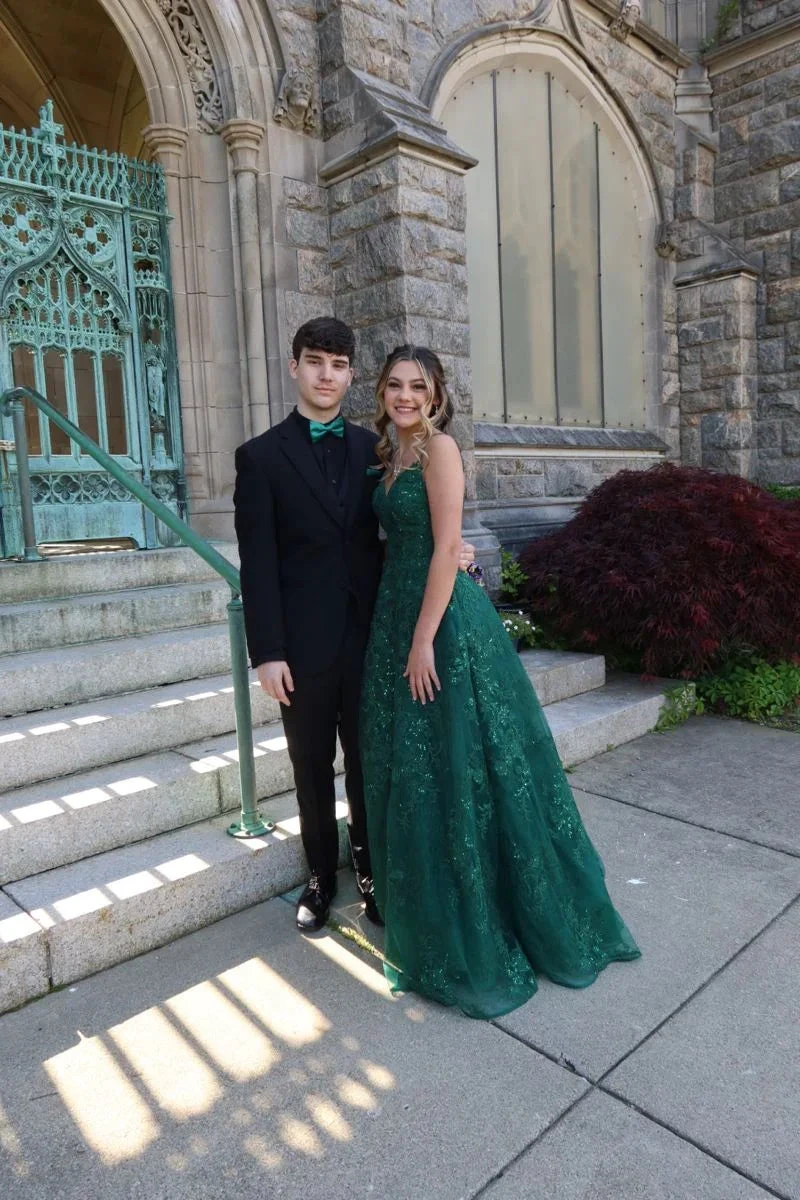A Line V Neck Green Lace Long Prom Dresses, Green Lace Formal Dresses, Green Evening Dresses Y4079 by simplepromdress
