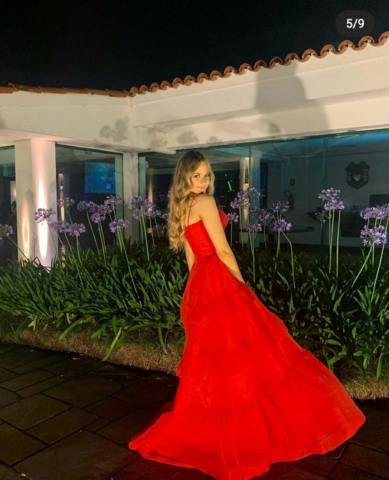 Classy Red A-line Spaghetti Straps Evening Dress For Women Y7165 Main Image