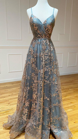 A-Line V Neck Tulle Sequin Long Prom Dress Backless Long Evening Dresses Y5620