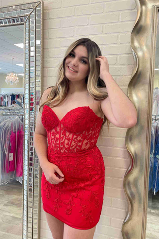 Lace-Up Appliques Strapless Sheath Homecoming Dress Y2490
