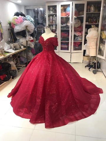 Luxuriöses schulterfreies rotes Glitzer-Ballkleid mit Perlenverzierung, Sweet 16-Kleid, Y1275