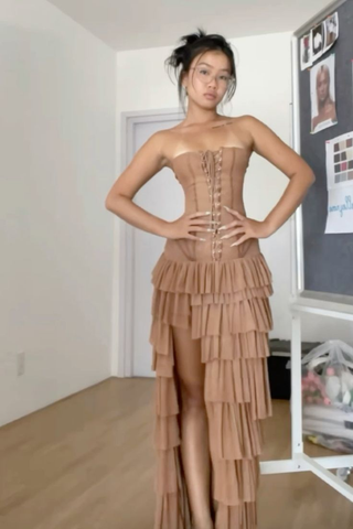 Vintage Strapless Chiffon Layered Long Prom Dress Slit Evening Dress Y7859