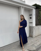 A Line One Shoulder Long Sleeve Formal Evening Dress With Slit Y6395 by simplepromdress