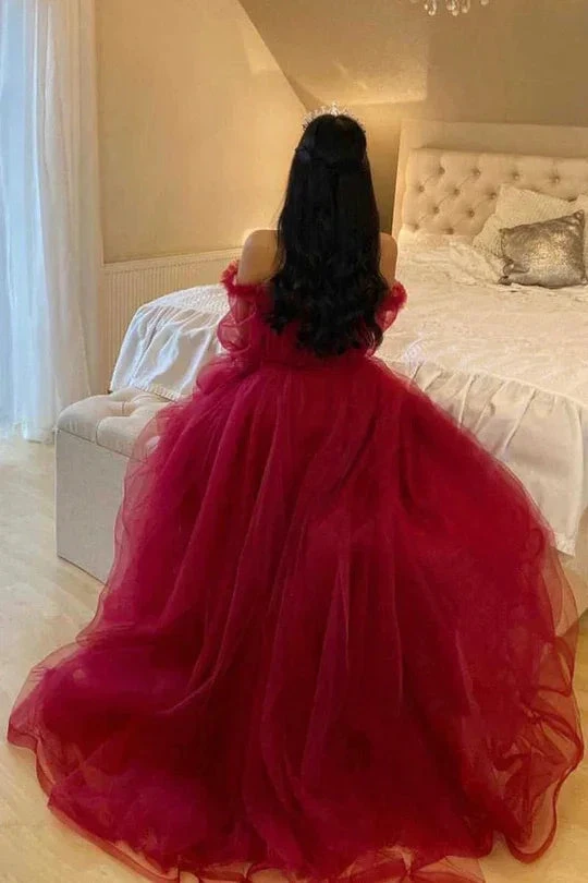 Burgundy Tulle Evening Dress With Long Sleeves Y503 by simplepromdress