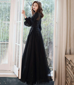 Black lace long prom dress A line evening gown Y1294 by simplepromdress