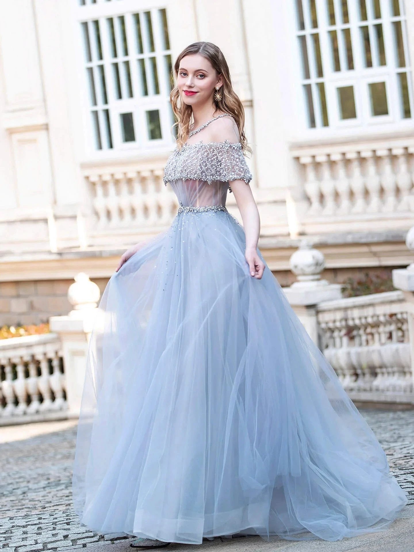 A-Line Tulle Beaded Luxurious Fashion Formal Evening Dresses Short Sleeves Floor Length Prom Dresses by dressblee