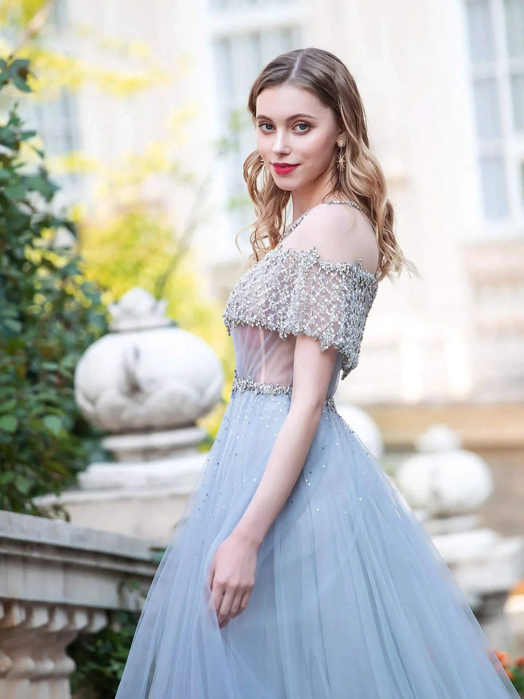 A-Line Tulle Beaded Luxurious Fashion Formal Evening Dresses Short Sleeves Floor Length Prom Dresses by dressblee