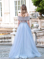 A-Line Tulle Beaded Luxurious Fashion Formal Evening Dresses Short Sleeves Floor Length Prom Dresses by dressblee