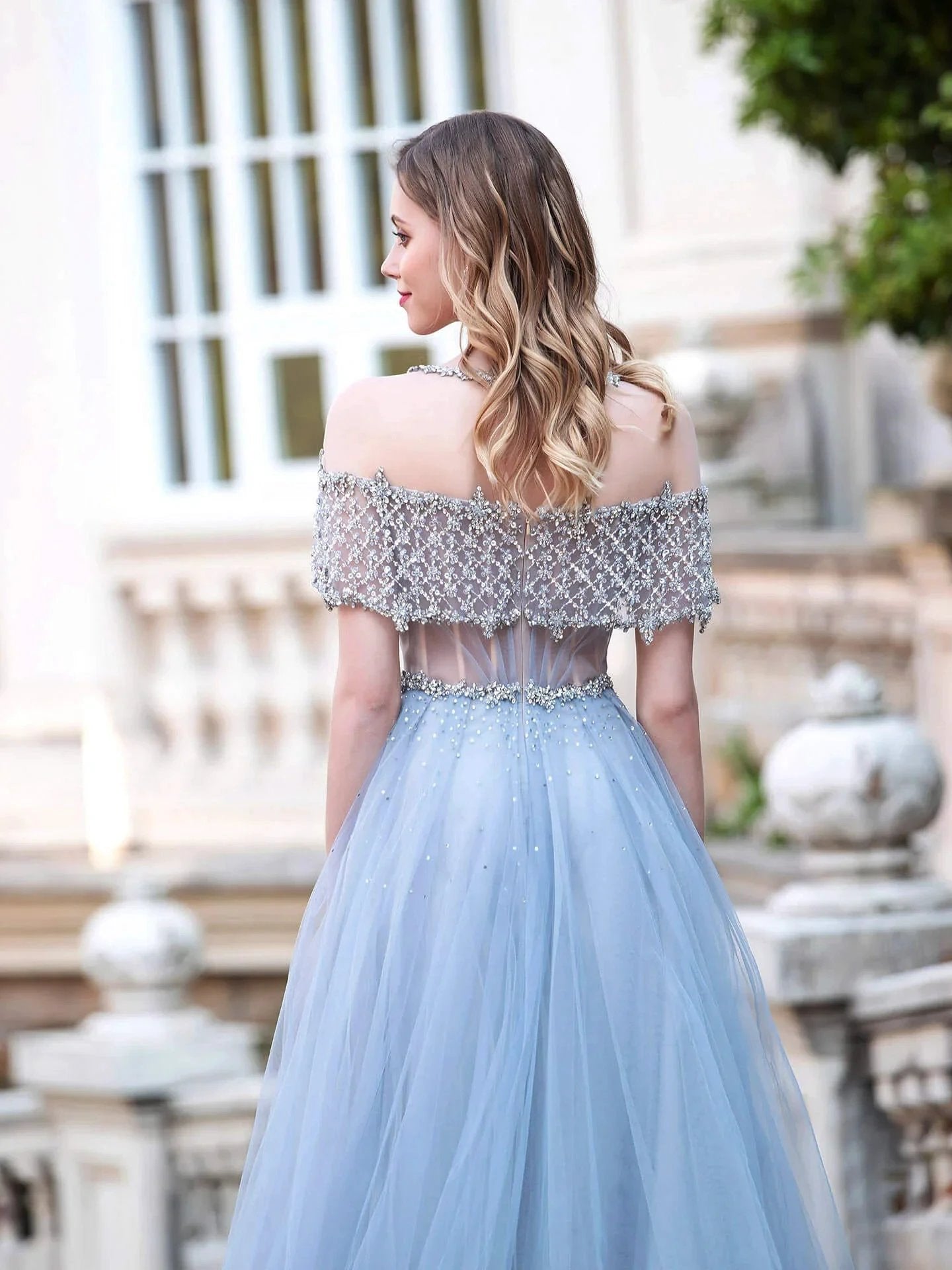 A-Line Tulle Beaded Luxurious Fashion Formal Evening Dresses Short Sleeves Floor Length Prom Dresses by dressblee