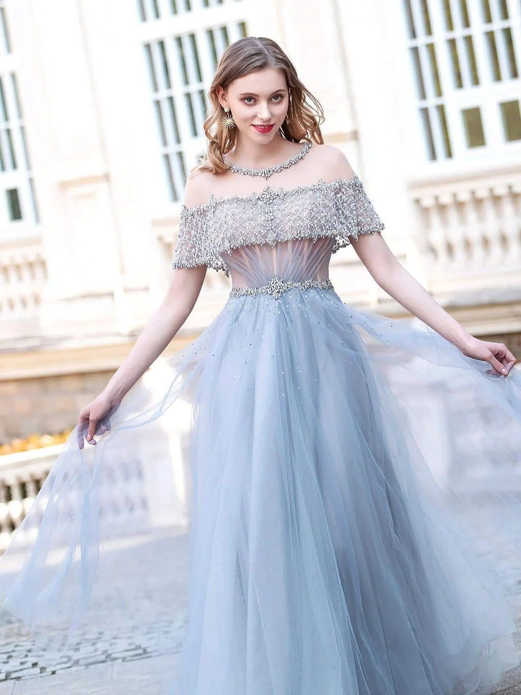 A-Line Tulle Beaded Luxurious Fashion Formal Evening Dresses Short Sleeves Floor Length Prom Dresses by dressblee