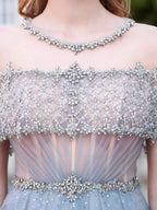A-Line Tulle Beaded Luxurious Fashion Formal Evening Dresses Short Sleeves Floor Length Prom Dresses by dressblee