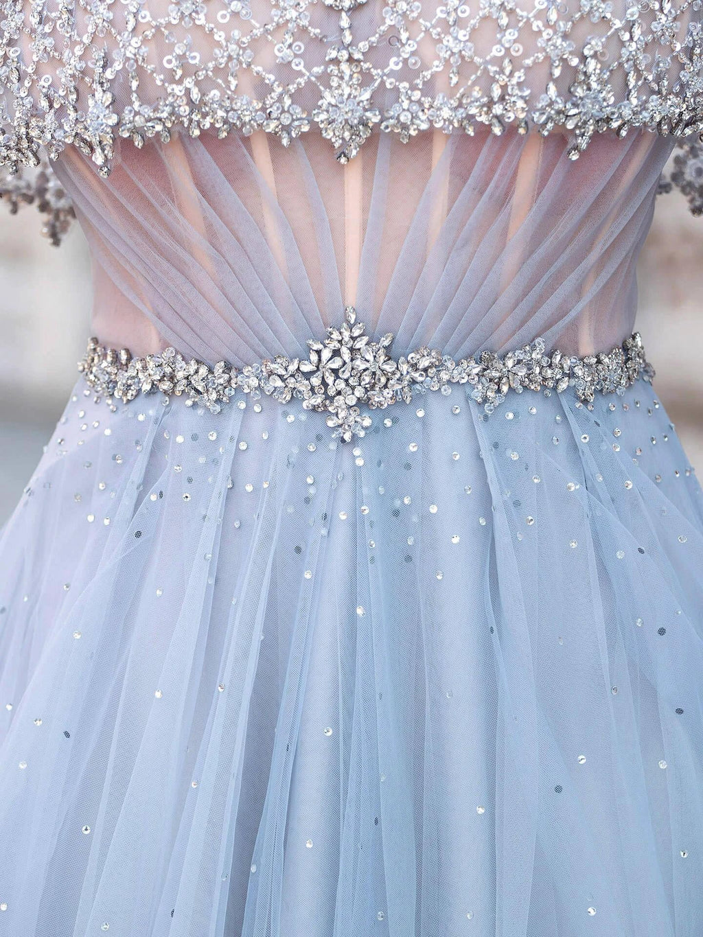 A-Line Tulle Beaded Luxurious Fashion Formal Evening Dresses Short Sleeves Floor Length Prom Dresses by dressblee