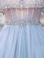 A-Line Tulle Beaded Luxurious Fashion Formal Evening Dresses Short Sleeves Floor Length Prom Dresses by dressblee