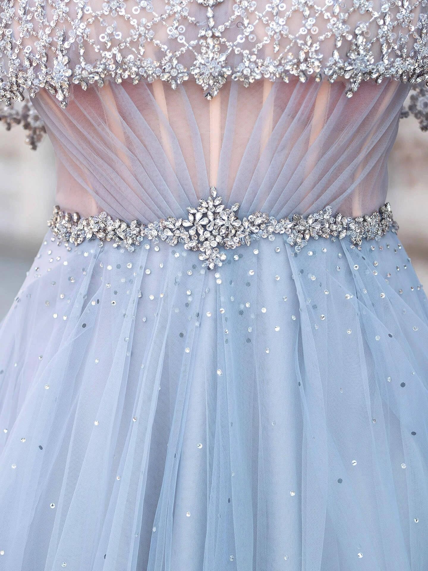 A-Line Tulle Beaded Luxurious Fashion Formal Evening Dresses Short Sleeves Floor Length Prom Dresses by dressblee