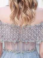 A-Line Tulle Beaded Luxurious Fashion Formal Evening Dresses Short Sleeves Floor Length Prom Dresses by dressblee
