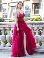 A-line Luxurious Sexy Formal Evening Dresses Spaghetti Strap Sleeveless With Slit Floor Length Prom Dresses by dressblee