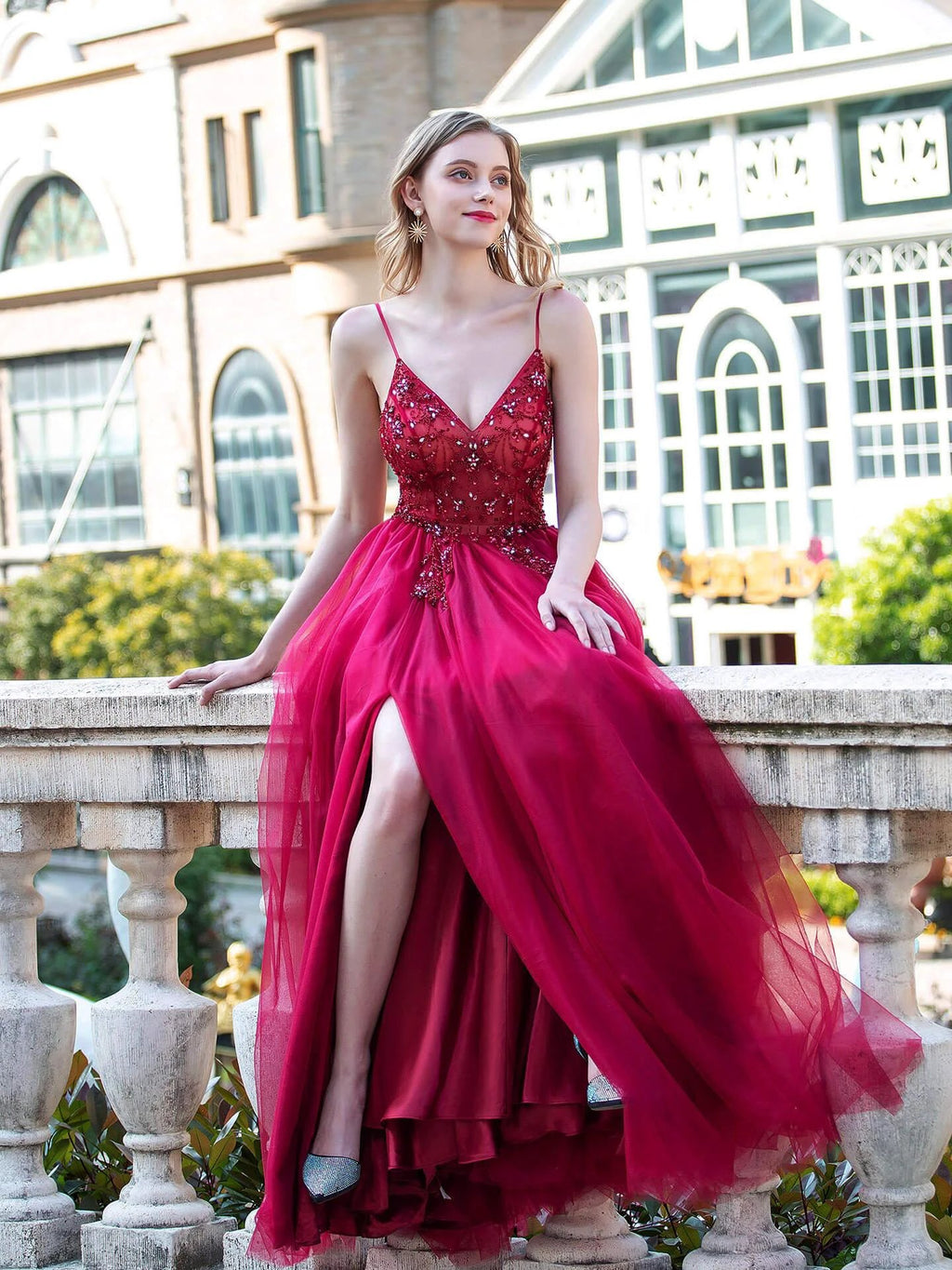 A-line Luxurious Sexy Formal Evening Dresses Spaghetti Strap Sleeveless With Slit Floor Length Prom Dresses by dressblee