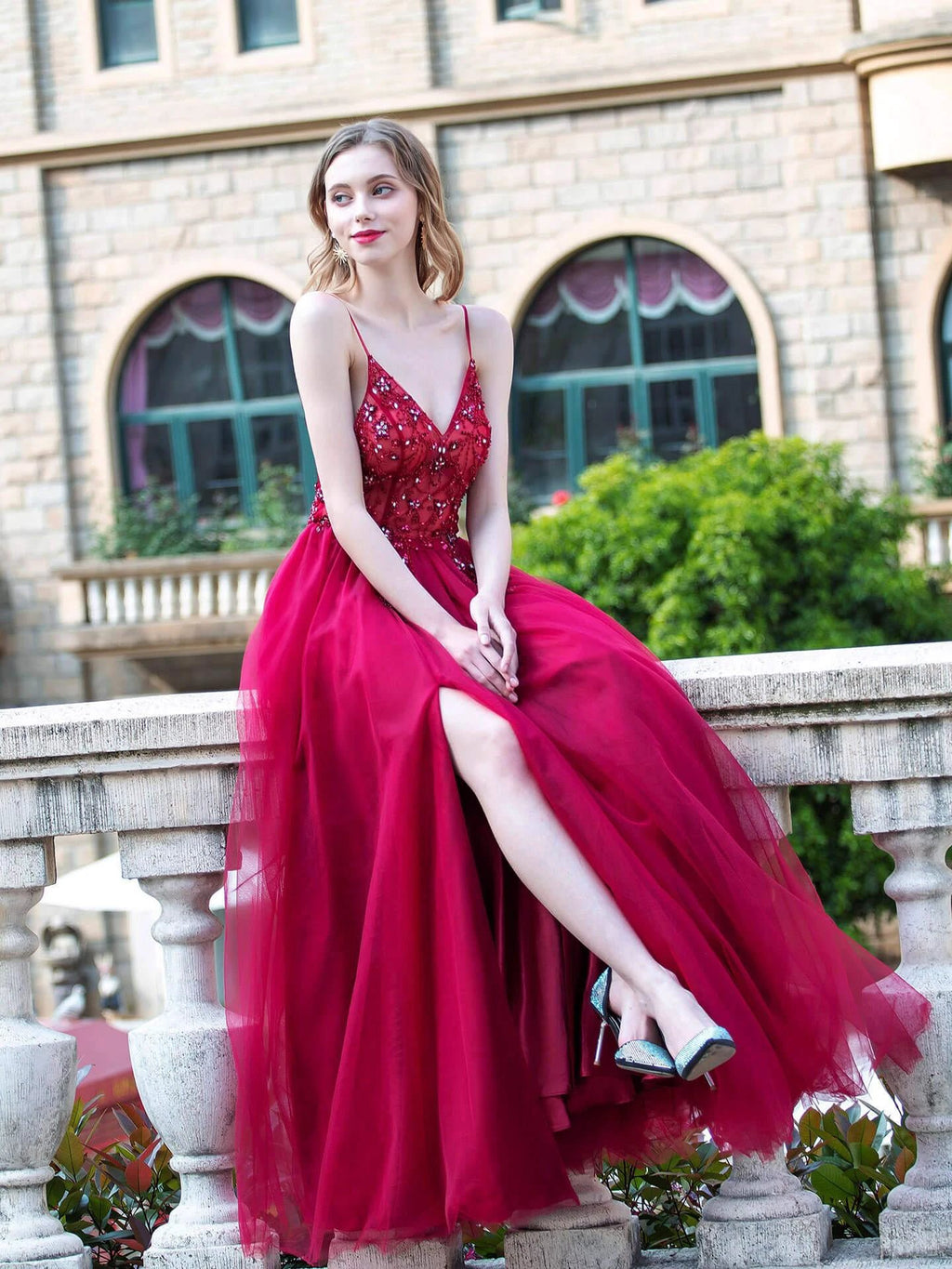 A-line Luxurious Sexy Formal Evening Dresses Spaghetti Strap Sleeveless With Slit Floor Length Prom Dresses by dressblee