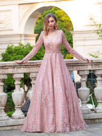 A-line Luxurious Fashion V-neck Formal Evening Dresses Long Sleeve Floor Length Prom Dresses by dressblee