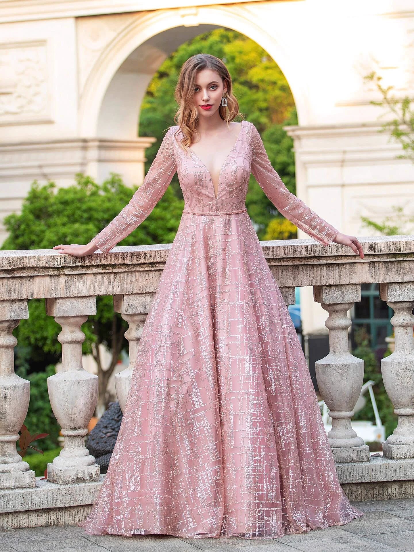 A-line Luxurious Fashion V-neck Formal Evening Dresses Long Sleeve Floor Length Prom Dresses by dressblee