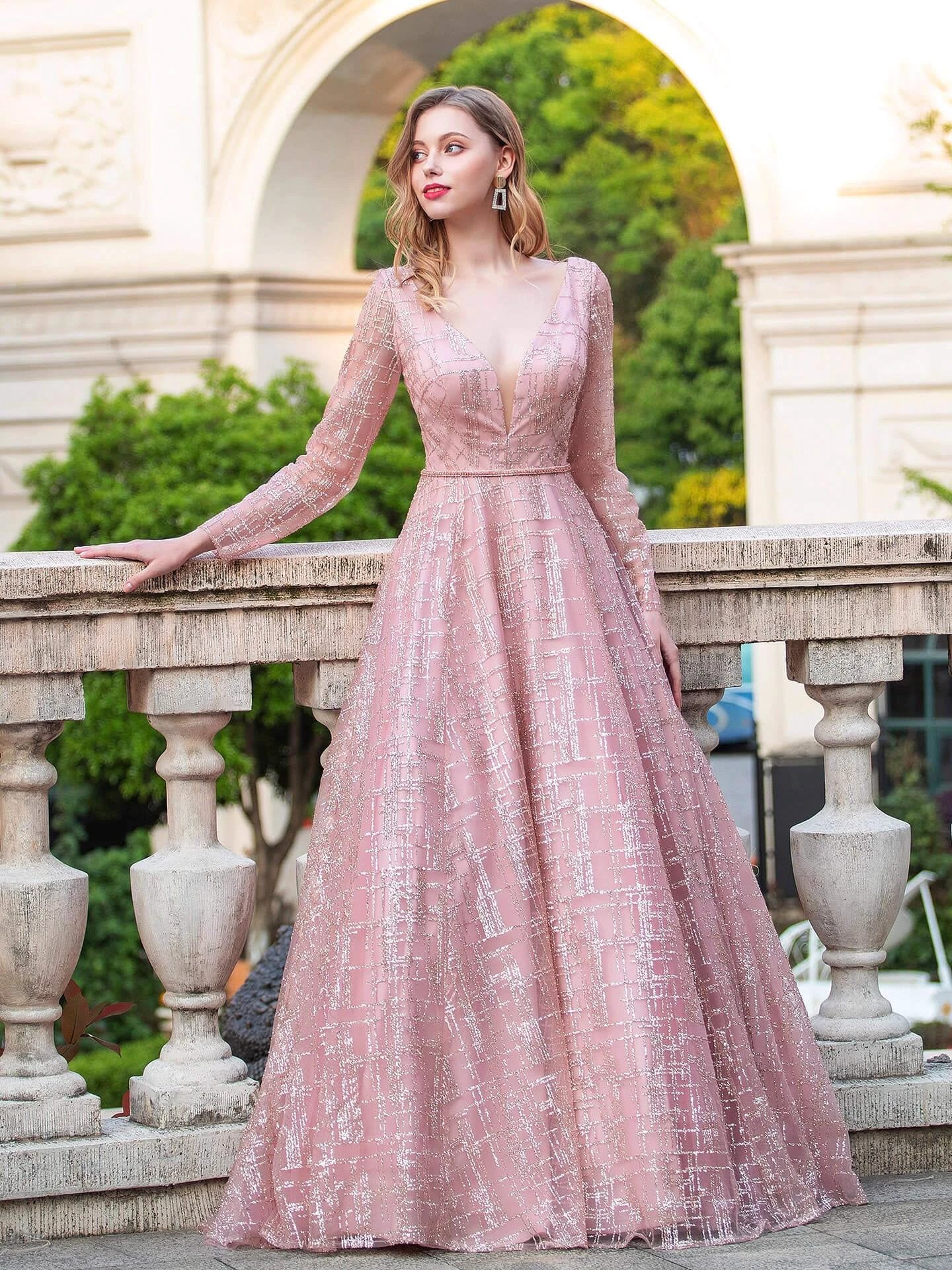A-line Luxurious Fashion V-neck Formal Evening Dresses Long Sleeve Floor Length Prom Dresses by dressblee
